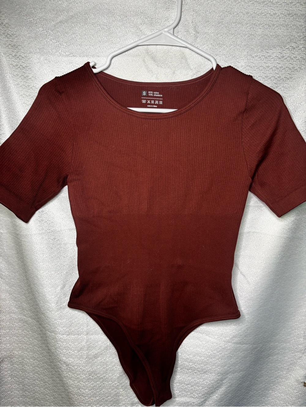 Amazon Women's Ribbed Short Sleeve Bodysuit - Burgundy Rust